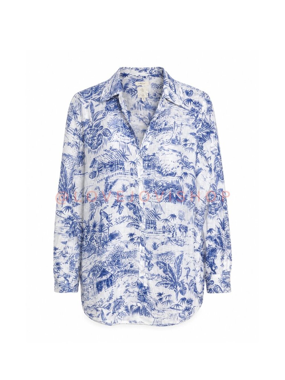 Resort | Joie Blue Toile Off White Linen Button Down | Relaxed Roll Tab Sleeve S - Picture 12 of 12